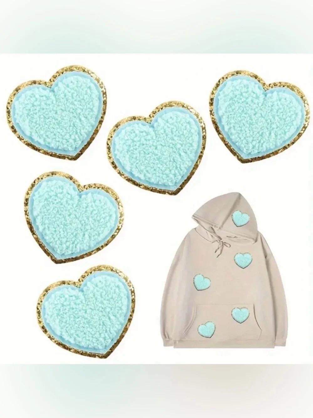 Aqua Blue Heart Applique, Felt & Gold Trim, Crafts, DIY, Clothing Embellishment